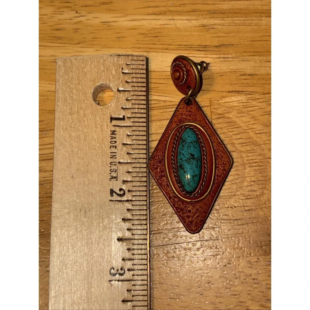 Rare Southwest Style Faux Turquoise Leather Look Dangle Vintage Pierced Earrings